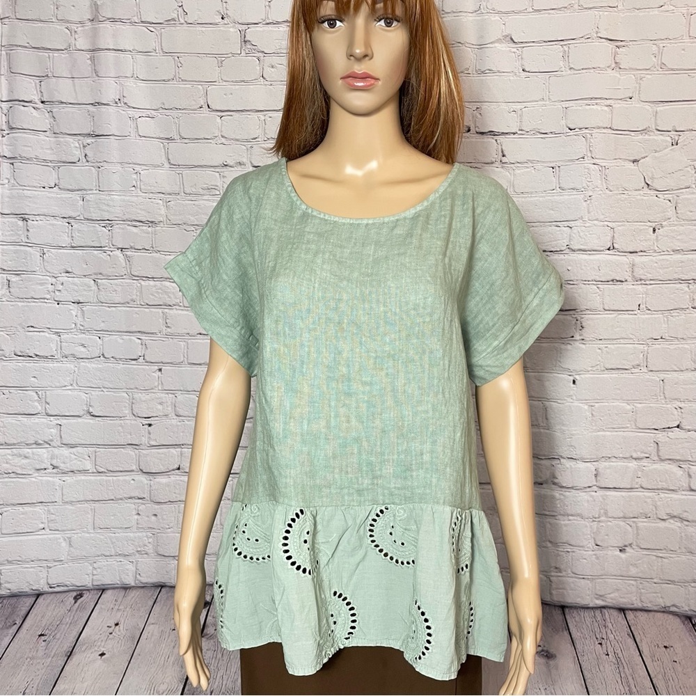NWT New Terzo Millennio Sage Eyelet-trim Linen Top Made in Italy Size S